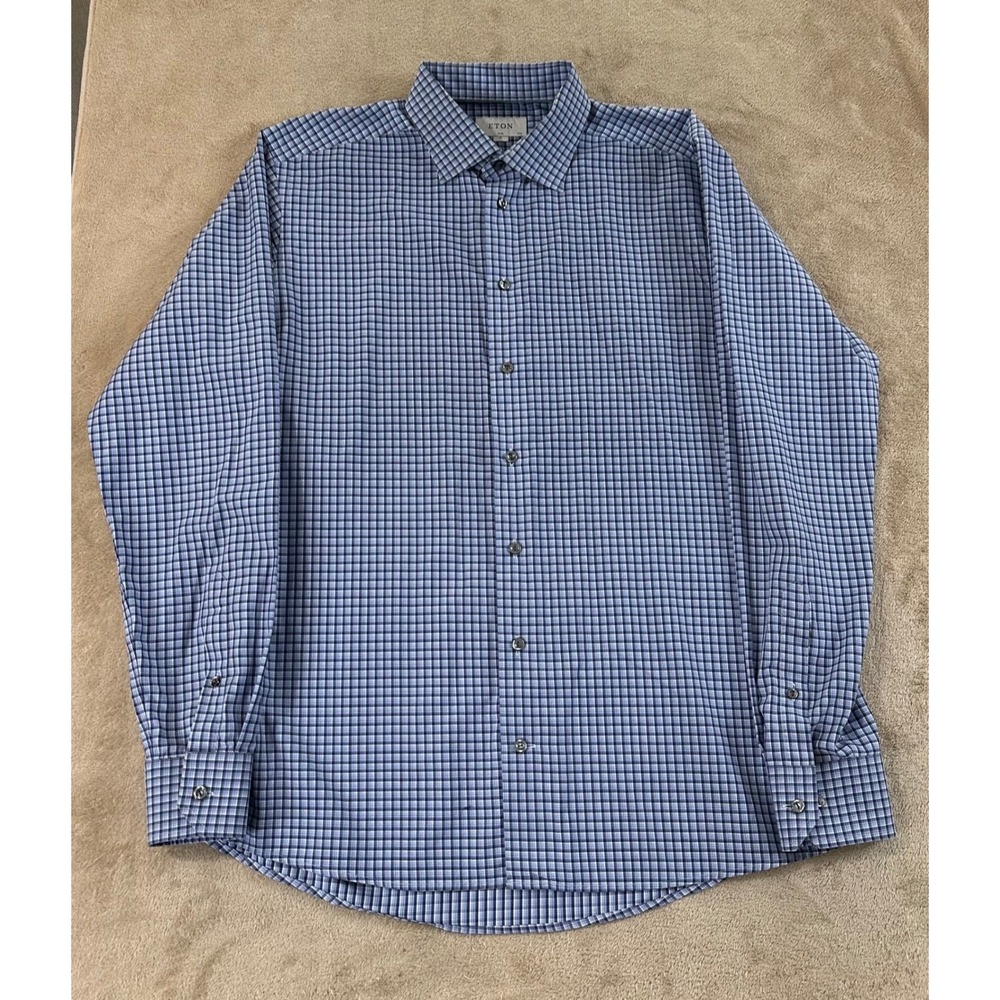 Eton Slim Fit Fine Twill Check Shirt Mens XL Blue White Long Sleeve Cotton EUC